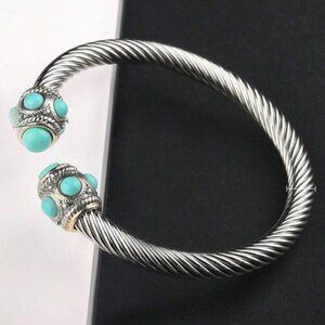 Elegant Silver Cable Bangle Bracelet Turquoise Accents